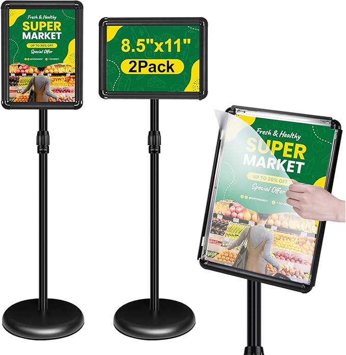 INNOVSIGN 2Packs Adjustable Pedestal Sign Holder Stand 8.5''x11'', Floor Standing Poster Sign Stand for Vertical/Horizontal View Sign stand,Outdoor/Indoor Standing Sign Holders(Black, Round)