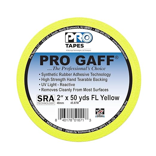 2" Width ProTapes Pro Gaff Premium Matte Cloth Gaffer's Tape With Rubber Adhesive, 50 yds Length x, Fluorescent Yellow (Pack of 1)