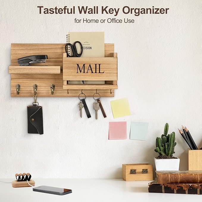 Lwenki Mail Organizer for Wall Mount – Key Holder with Shelf Includes Letter Holder and Hooks for Hallway Farmhouse Decor – Rustic Wood with Flush Mounting Hardware (16.5” x 9.1” x 3.4”) (Wood)