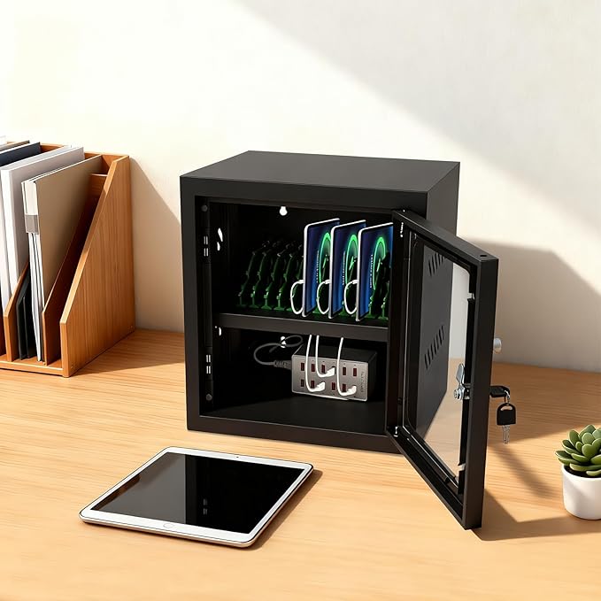 QUEWATSA Cell Phone Charging Station, 12-Device Rechargeable Mobile Phones Charging Cabinet, Locking and Charging Phone Storage Box, Mobile Charging Cart, Lockable Device Charging Locker