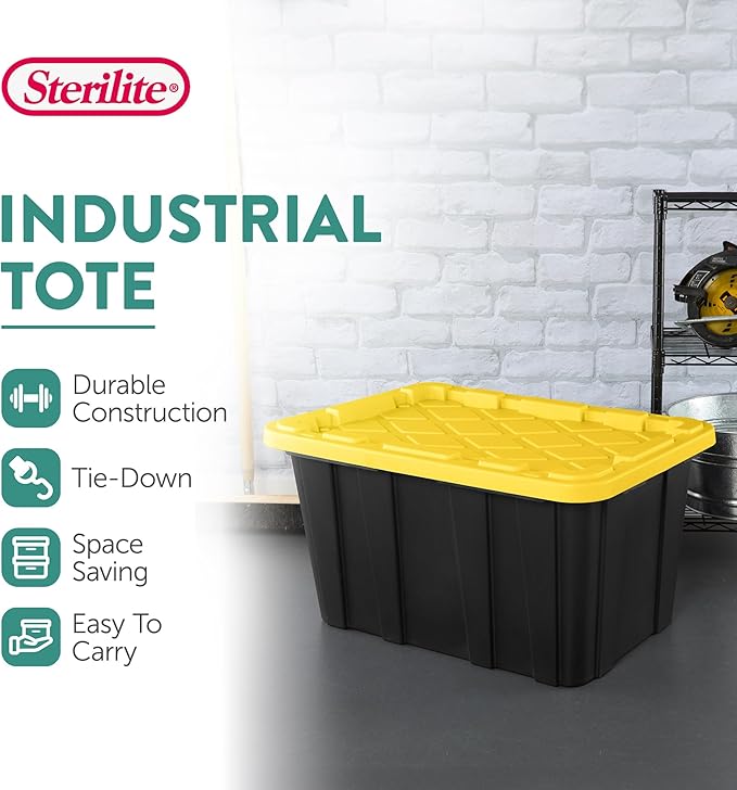 Sterilite 6-Pack Industrial Tote, Plastic Storage Container Bins with Lids, 27 Gallon - Heavy-Duty Organizing Containers for Closet, Bathroom, and Office
