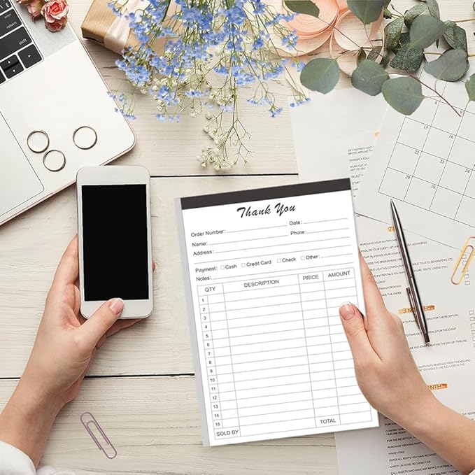 (5-Pack) Thank You Receipt Book - 5.5" x 8.5" Cardboard 2-Part Carbonless Sales Invoice Book, 250 Sheets Invoice Pad with Cardboard for Small Business