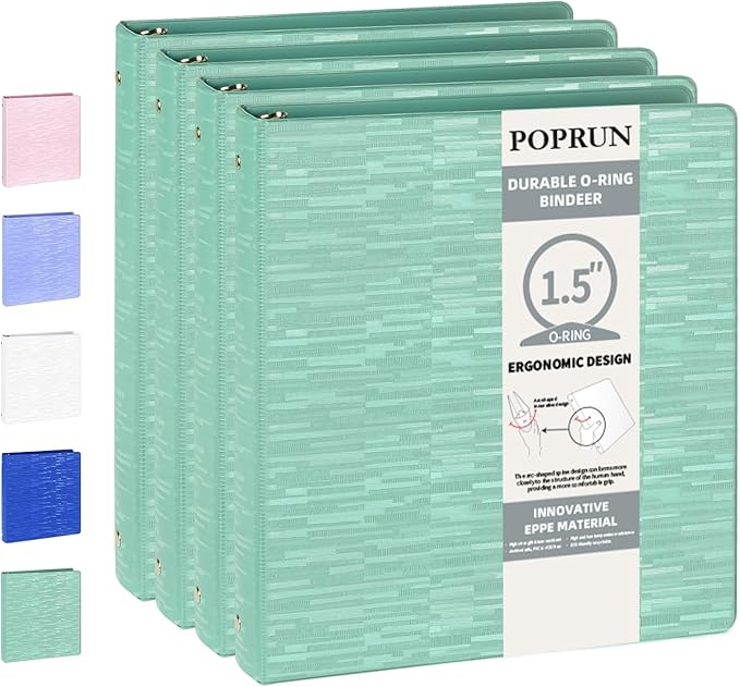 POPRUN 3 Ring Binder 1.5 Inch, PVC-Free, Holds 325 Sheets of 8.5 x 11 Paper, Extra Durable Organizer with 2 Pockets for School & Office, Heavy-Duty, 4 Pack, Midnight Green