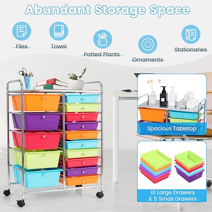 COSTWAY 15 Drawer Rolling Storage Cart, Multipurpose Mobile Storage Organizer w/Removable Drawers & Metal Frame, Utility Tools Paper Organizer on Wheels for Home, Office (Multi-color)