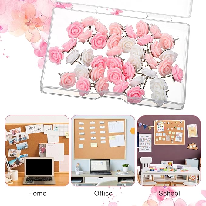 XLIUAX 40Pcs Flower Push Pins, Rose Thumb Tacks Cute Pink Thumbtacks for Cork Board Decorative Push Pins for Bulletin Board Photos Wall Maps Offices