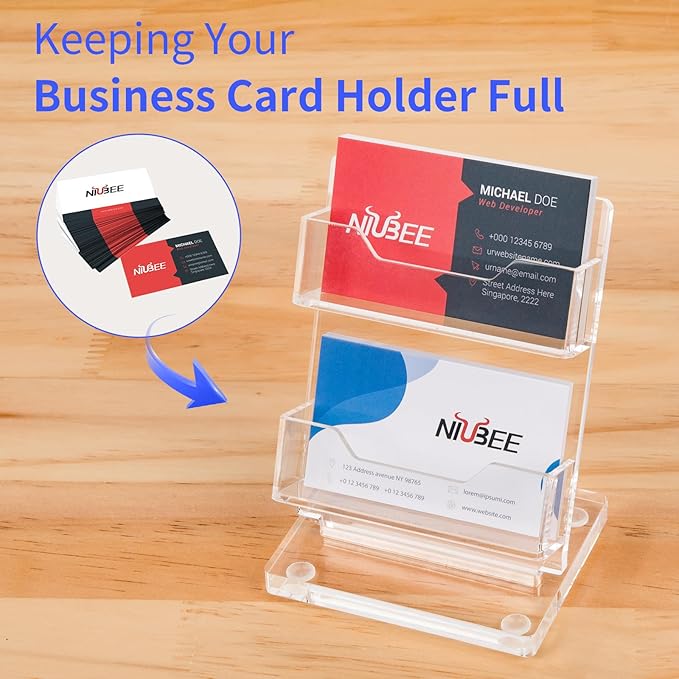 NIUBEE Acrylic Business Card Holder 2 Slots - Double Capacity Business Card Stand for Desk, 2 Tier Clear Gift Card Display for Office, Event, Exhibition