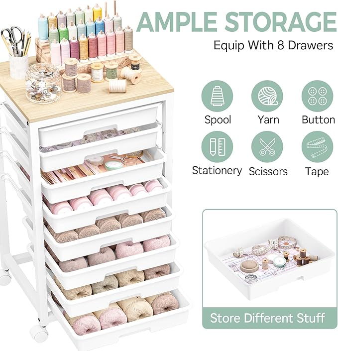 SYKIARIOL Rolling Cart with Drawers,8 Drawer Rolling Cart,Rolling Drawer Cart,Rolling Storage Drawer Cart,White Rolling Cart,Utility Cart with Drawers and Wooden Tabletop