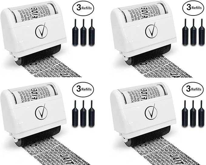 Vantamo Identity Protection Roller Stamps Wide Kit, Including 3-Pack Refills - Designed for Secure Confidential ID Blackout Security, Anti Theft and Privacy Safety (4-Pack White)