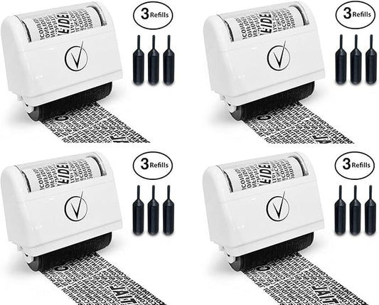Vantamo Identity Protection Roller Stamps Wide Kit, Including 3-Pack Refills - Designed for Secure Confidential ID Blackout Security, Anti Theft and Privacy Safety (4-Pack White)