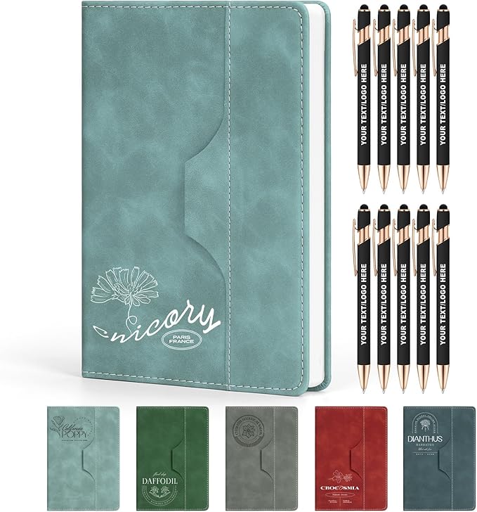 ENOMY Personalized Notebook Set with 10 PC Pens Lined A5 Custom Journal for Writing Men Women Custom Notebook Ideal Friend Girlfriend Gift, Light Blue