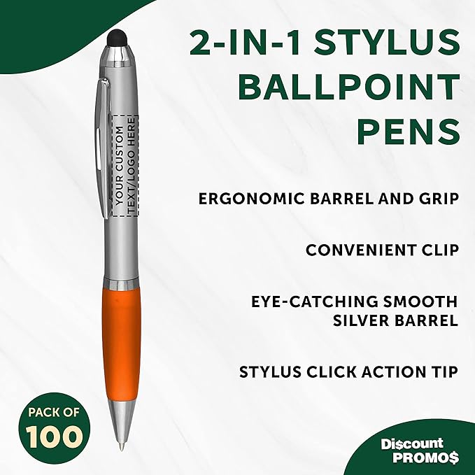 DISCOUNT PROMOS Custom Stylus Ballpoint Pens Set of 100, Personalized Bulk Pack - Black Ink, Great for Office, School, Business, Tradeshows, Events - Orange