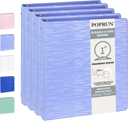 POPRUN 3 Ring Binder 1 Inch, PVC-Free, Holds 175 Sheets of 8.5 x 11 Paper, Extra Durable Organizer with 2 Pockets for School & Office, Heavy-Duty, 4 Pack, Cornflower Purple