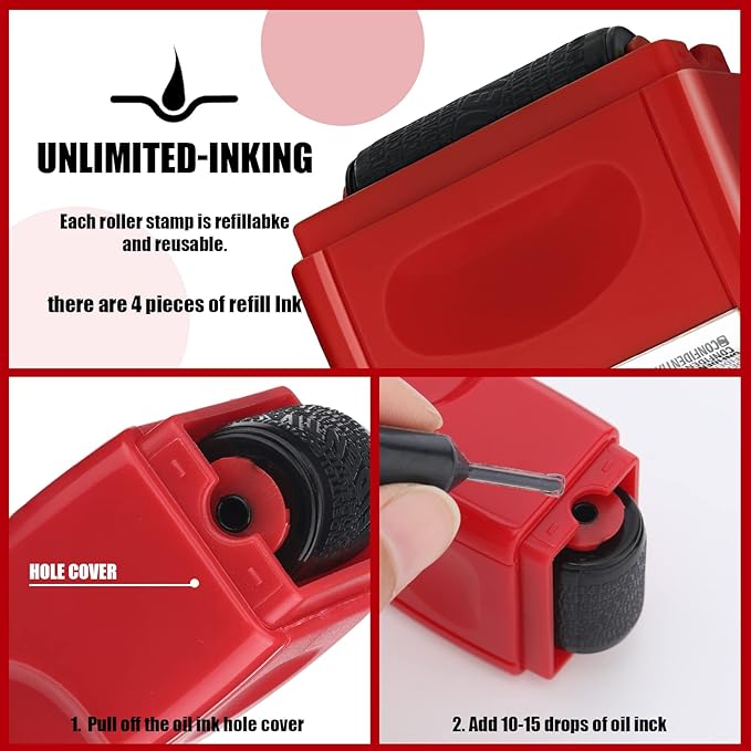 Nezyo 2 Pack Identity Protection Roller Stamp Identity Theft, Confidential, Privacy Roller Stamp Information Blocker and 4 Pack Refill Ink for ID Account Data Address Security(Red)