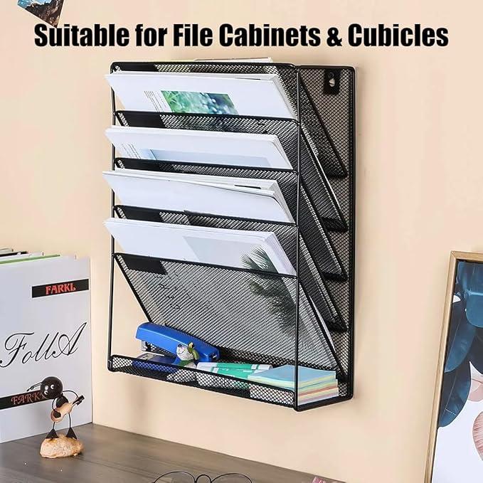 Vankcp 1 Pcs 6-Tier Magnetic File Holder, No Drilling Magnetic File Organizer, Black Large Capacity Wall File Holder for File Cabinets, Office, Whiteboard, Magnetic Mail Holder