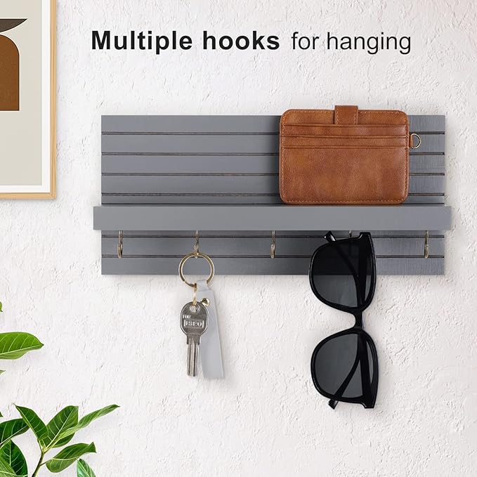 Lwenki Decorative Key Holder for Wall with Shelf, Entryway Shelf with Hooks Holds Leashes, Jackets and Glasses – Sturdy Wood Keyholder Entrance Hanger with Mounting Hardware (Gray, Medium)