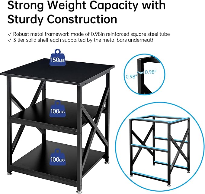 Fannova Printer Stand, 23.6 x 23.6 x 30.1 Inches Large Square Printer Table with Height Adjustable Storage Shelf, 3 Tier Rolling Printer Cart with Industrial Wheels for Home Office - Black