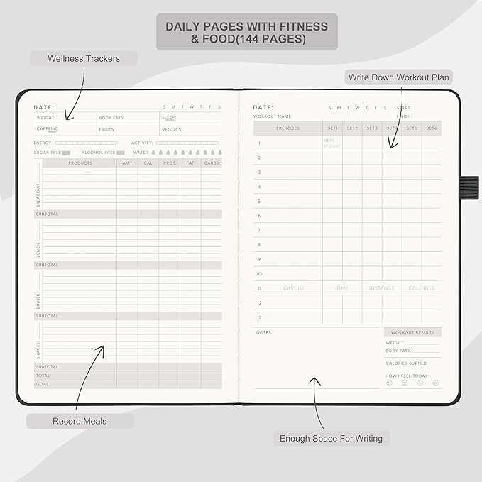 &And Per Se Fitness Workout Journal for Men & Women, Workout Log Book Planner with Daily Diet, Gym Exercise & Training Trackers - Undated, A5 Size, Leather Hardcover (Black)