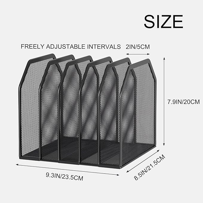 ASIFMTHOT 5 Vertical Desk Mail Organizer, Metal Mesh Desktop File Organizer with 5 Vertical Slot - Black, Letter Organizer Rack for Letters, Postcards, Stationery