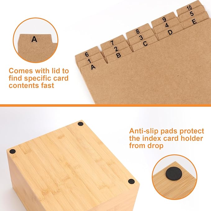 5x8 Index Card Holder with Dividers Bamboo Index Card Storage Box 4 Compartments Recipe Card Box with Lid 150 Index Flash Cards 25 Index Card Dividers 2 Letter Smile Stickers for Office Business Home