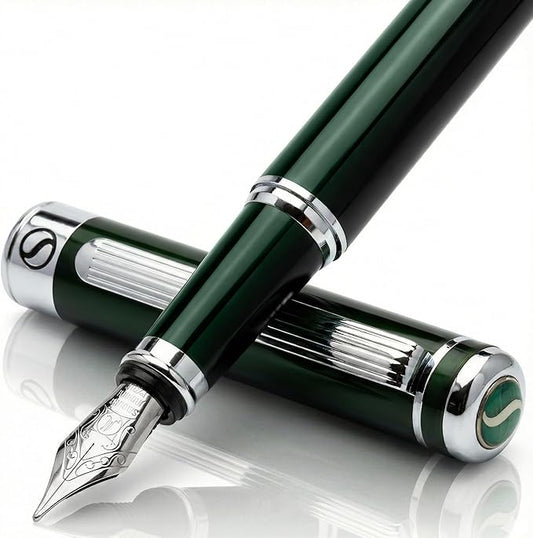 Scriveiner British Racing Green Fountain Pen - Stunning Luxury Pen with Chrome Finish, Schmidt Nib (Medium), Best Pen Gift Set for Men & Women, Professional, Executive, Office, Nice Pens