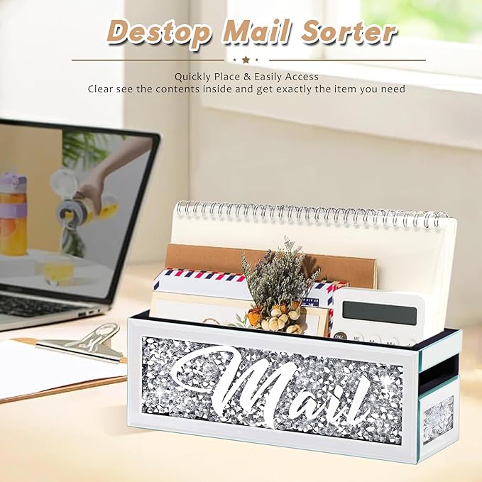 Crushed Diamond Mail Organizer, Crystal Mail Organizer Countertop, Mirror Letter Holder, Mail Tray, Mail Holder Box for Desk, Mail Holder for Wall