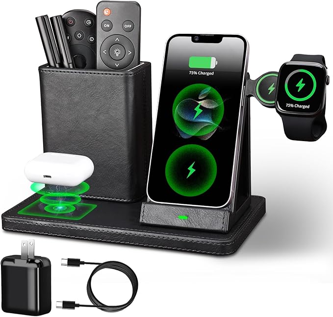 LADSTAG Office Supplies Desk Accessories,Pen Holder Remote Control Holder, Organizer with Phone Charger,Nightstand Desktop Organizer,Black Leather Desk Organizer With Charging Station (black)
