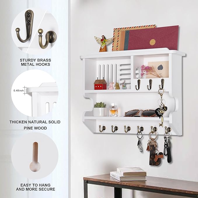 Mutsault Key Holder for Wall, Mail and Key Holder for Home Decor, Key and Mail Holder for Wall with Key Hooks, White