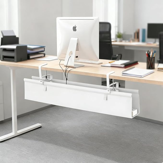 Oxford Cloth Under Desk Cable Management Tray,No-Drill 48" Desk Cable Management Organizer with Clip/Screw Installation,Fabric Cable Management for Home,Office & Gaming Computer(White)