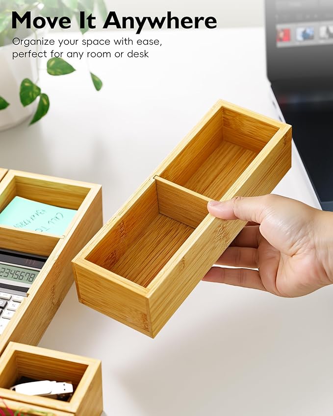 VA1KENE 12-Piece Bamboo Desk Drawer Organizer Set – Adjustable Storage Boxes with 24 Compartments, Non-Slip, Modular Design for Office, Jewelry, Vanity, and Kitchen Utensil Drawer Storage