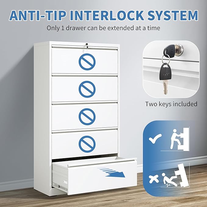 FLIXELIO 5 Drawer Metal Office Storage Filing Cabinet with Lock, White Lateral File Cabinet for Home Office, Horizontal Locking for Legal/Letter/A4, Assembly Required