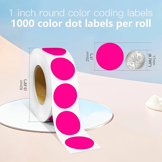 1 Inch Round Color Coding Labels, 1000 PCS Per Roll Fluorescent Pink Color Coded Dot Stickers, Round Color Dot Labels for Organizing, Filing, and Storage