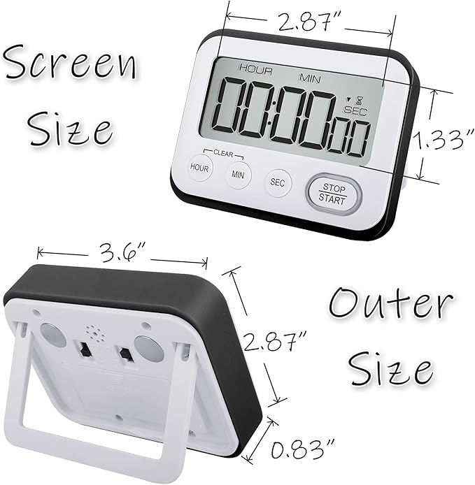 Digital Kitchen Timer Magnetic Loud Alarm, Large LCD Screen Silent/Beeping Multi-Function for Teachers Classroom Kids, Black