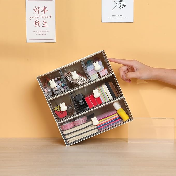 OSteed Desktop Drawers, Desk Organizer with 2 Drawers & Bunny Handles, Stackable Plastic Storage Box for Home Collection, Cosmetics, Office Supplies (1 Tall Layer, Cream & Clear)