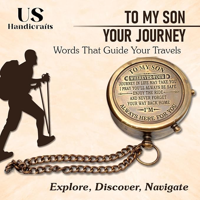 US HANDICRAFTS Brass Compass with Wooden Case | Engraved Compass from Mom to Son | Graduation Gift, Birthday, Inspirational Travel Keepsake