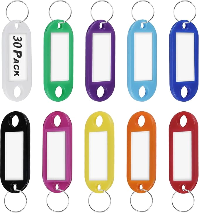 Key Labels, Key Tags, 30 Pack Plastic Key Tags with Ring and Label Window, Key Chain ID Tags/Identifiers for Name, Luggage, Bags, Backpack, 10 Colors