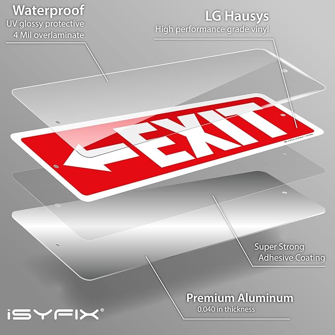 iSYFIX Exit Signs 6 Pack 12x4 Inch with Directional Left Arrows - Rust Free Aluminum, Laminated for UV, Weather, Scratch Resistance - Ideal for Offices, Schools, Theaters, Restaurants
