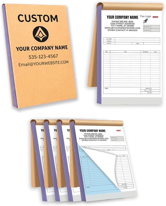 Custom Carbonless Invoice Book with Logo, Personalized Cover & Inner Pages, 2 Part NCR Receipt & Work Order Forms, Easy Tear, Writing Shield for Small Business (2-Part [White/Blue], 8.3 x 5.5INCH)