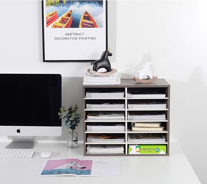 TQVAI Wood Literature Organizer, 12 Slots Hold 6000 Sheets A4 Papers, Wooden Desk Paper File Storage Organizer with Adjustable Shelves, Mailbox Cubbies for Office Home Classroom, Retro Grey/White