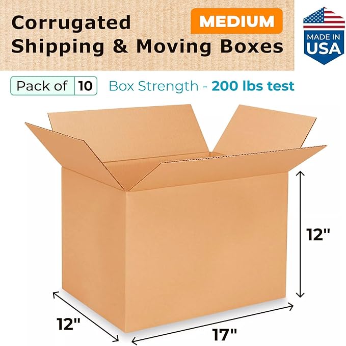 Medium Shipping & Moving Boxes 17x12x12 inches (10-Pack) - Extra Strength 200 lb vs Regular - Corrugated Durable Cardboard Boxes - Medium Moving Box - Heavy Duty Moving Box by IDL Packaging