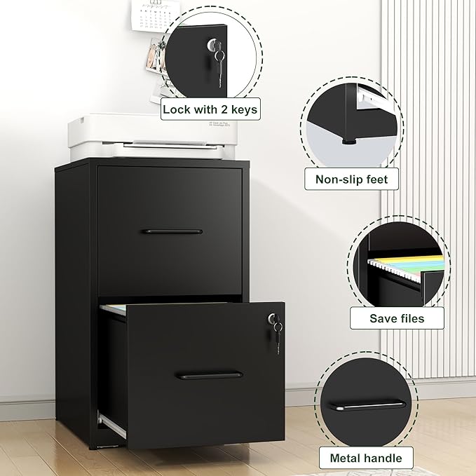 Yukimo 2 Drawer File Cabinet with Lock, Vertical File Cabinet with Lock, Locking File Cabinet Hanging Files for A4/ Legal/Letter, Require Assembly, Black
