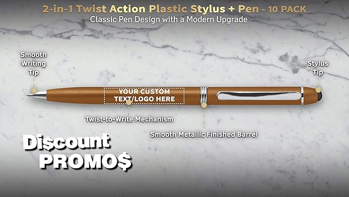 DISCOUNT PROMOS Custom Twist Action Plastic Stylus Pens, Set of 10, Personalized Bulk Pack - Pens for Work, Cool Pens for Writing, Black Ink - Gold