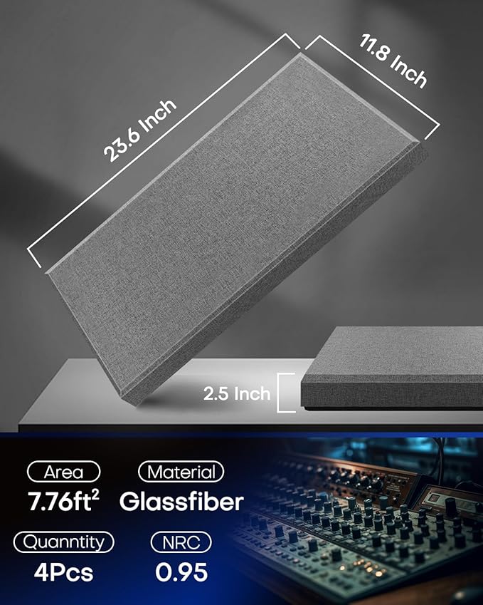4Pack Fiberglass Acoustic Panels, Self Adhesive Sound Proof Foam Panels for Walls, Sound Dampening Panels for Studios, Office, Home Theater Soundproofing Absorbing Noise Reducing, 23.6x11.8x2.5" Grey