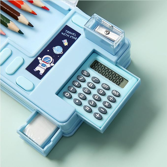 Ristpal Pop Up Multifunction Pencil Case, Cute Cartoon Pen Box Organizer Stationery with Calculators, Sharpener, Schedule, School Supplies, Best Birthday Gifts for Kids Teens (Light Blue)
