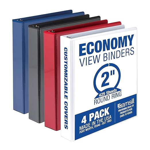 Samsill 2 Inch 3 Ring Binders, Made in USA, Economy Round Ring, Clear View Cover, 425 Sheet Capacity - for School, Home, Office - Assorted, 4 Pack