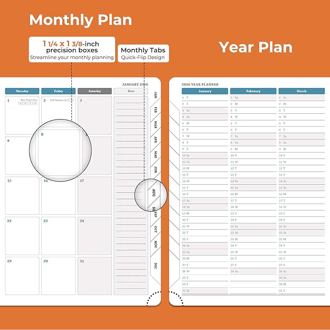 IN-LUXPRO Planner 2026 Daily Weekly and Monthly,8.5"x6.5",12 Months Spiral Bound Calendar Agenda with Self-adhesive Pen Holder,2026 Appointment Book with Vegan Leather Soft Cover,Orange
