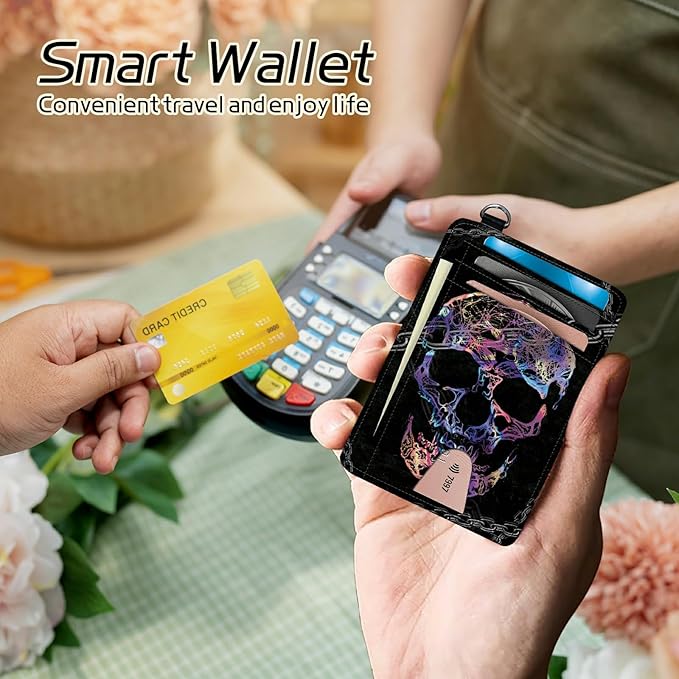 BWEGRHE Small Travel Wallets, Shackle Skull Slim Minimalist Front Pocket Wallet with Wristlet, RFID Blocking PU Leather Credit Card Holder with ID Window Change Purse for Men Women