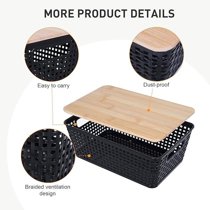 Anywish Storage Bins with Lids 6 Packs, Plastic Storage Bins with Bamboo Lids for Pantry Organization and Storage Containers for Shelves Drawers Desktop Closet Office Home, Black