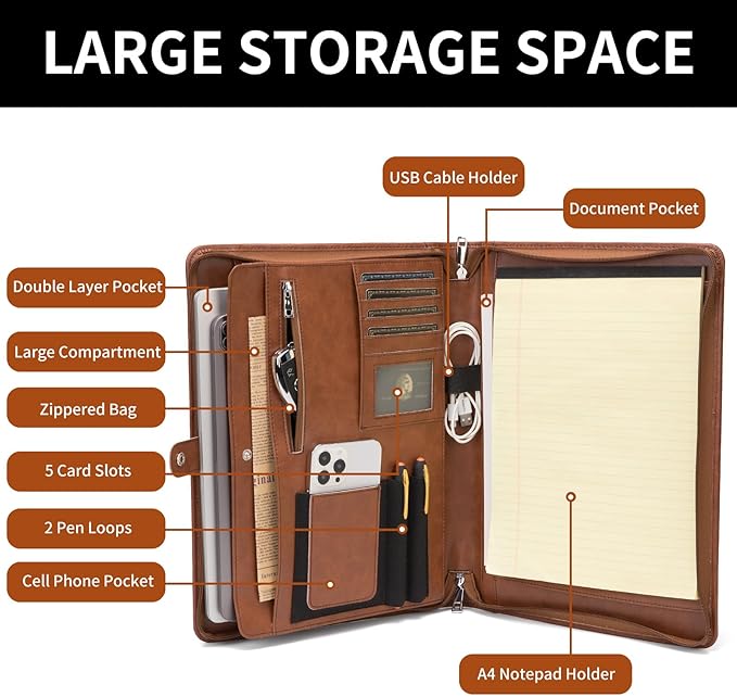 Geslun Personalized Vegan Leather Portfolio, Legal Size 8.5 x 14 Pad Holder, Custom Business Padfolio for Men Women, Zippered 14" Laptop Organizer, Professional Notepad Folio, Brown
