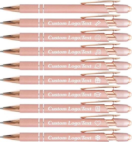 CRME Personalized Pens Custom Ballpoint Pen with Stylus Tip Customized Engraved Pens with Name/Logo Nurse Gifts Office Supplies for Women Metal Clip Ideal for Birthday School Party Rose Gold