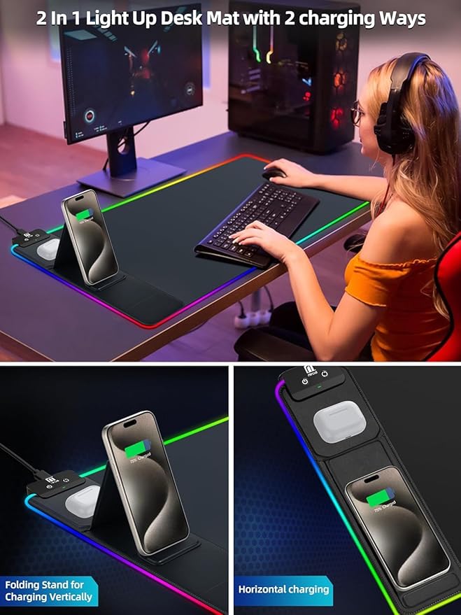 XXL Mouse Pad with Phone Holder - Black, RGB Desk Mat with 15W Fast Charging, LED Gaming Mousepad with 11 Light Colors, Waterproof Non-Slip Pad for Office & Home